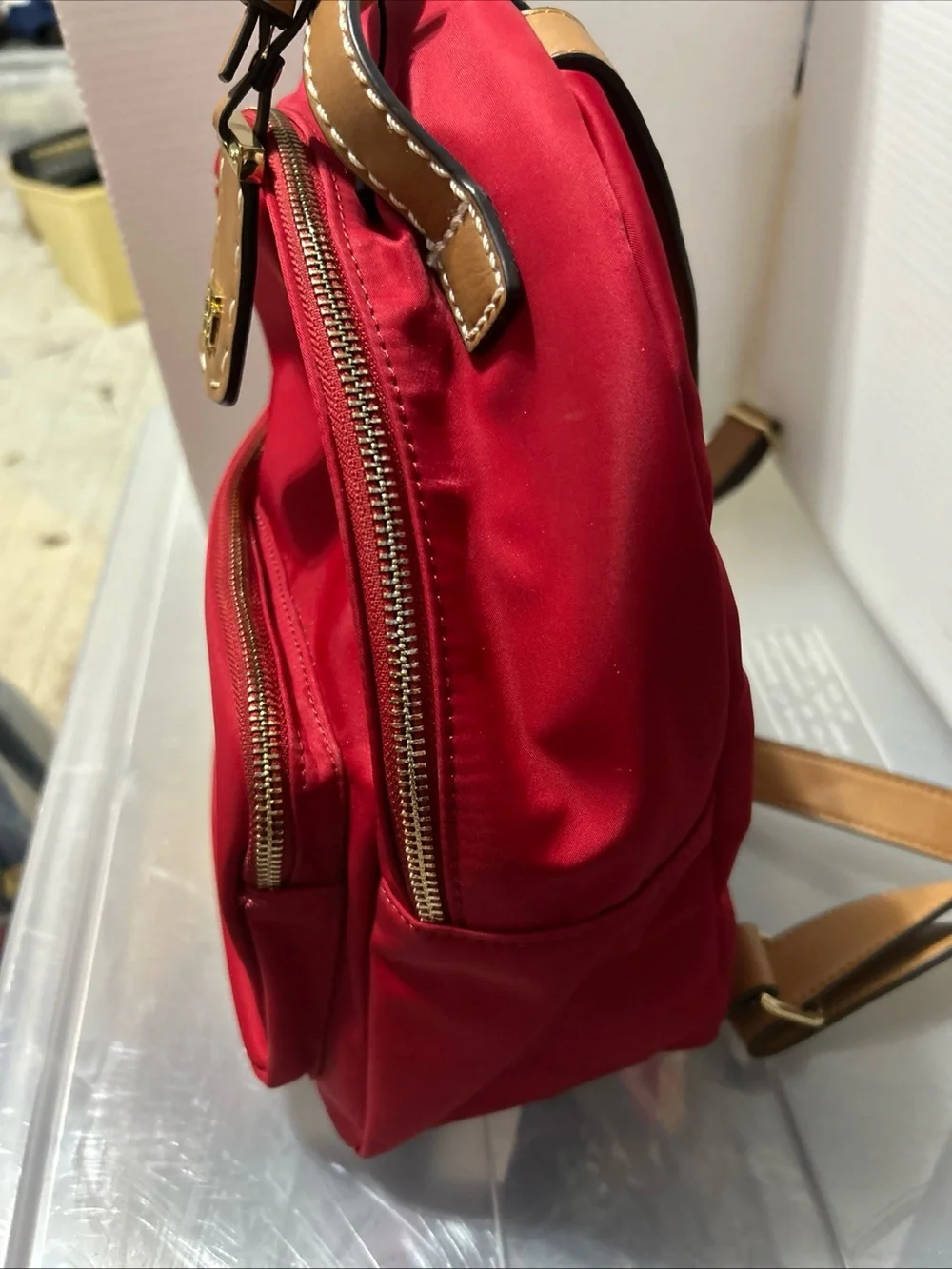 Tommy Hilfiger Red Mini Nylon Backpack with Tan Trim